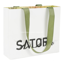 Customized Luxury Cosmetic Shopping Gift White Paper Bag with Ribbon Handle